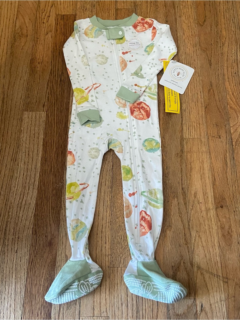 Burt’s Bees Cotton Planet Print Footed One-Piece - White & Sage